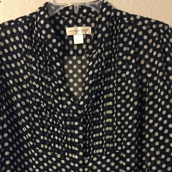 Christopher & Banks Navy Blue Sheer Polka Dot Top Women Petite Medium Pleated - Picture 2 of 8